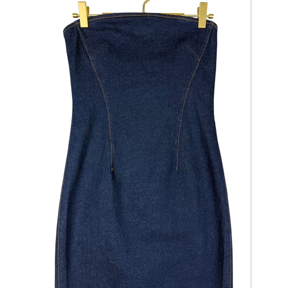 GRLFRND Lena Colum Denim Maxi Dress Dark Wash Small Strapless Classy Chic Date - Picture 4 of 11
